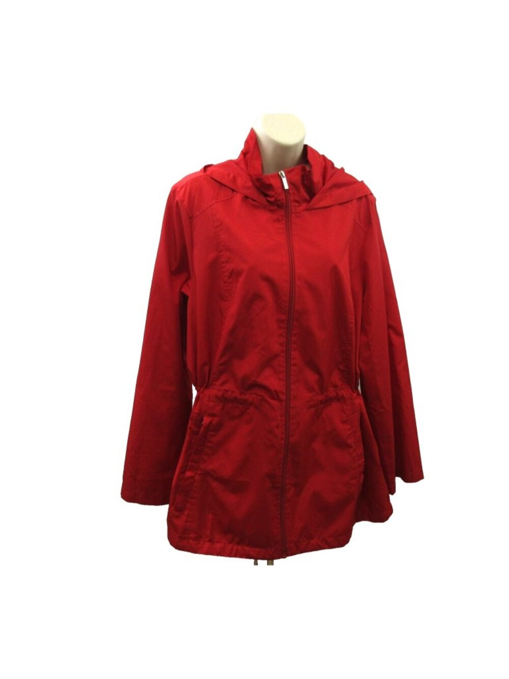 Susan Graver Womens Lg Red Windbreaker Rain Jacket Zip Up with Hood Packable EUC